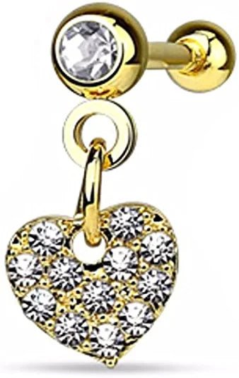 Surgical Steel CZ Paved Heart Dangle on Crystal Ball Cartilage Tragus Barbells Cartilage Earring Impulse Piercings Gold