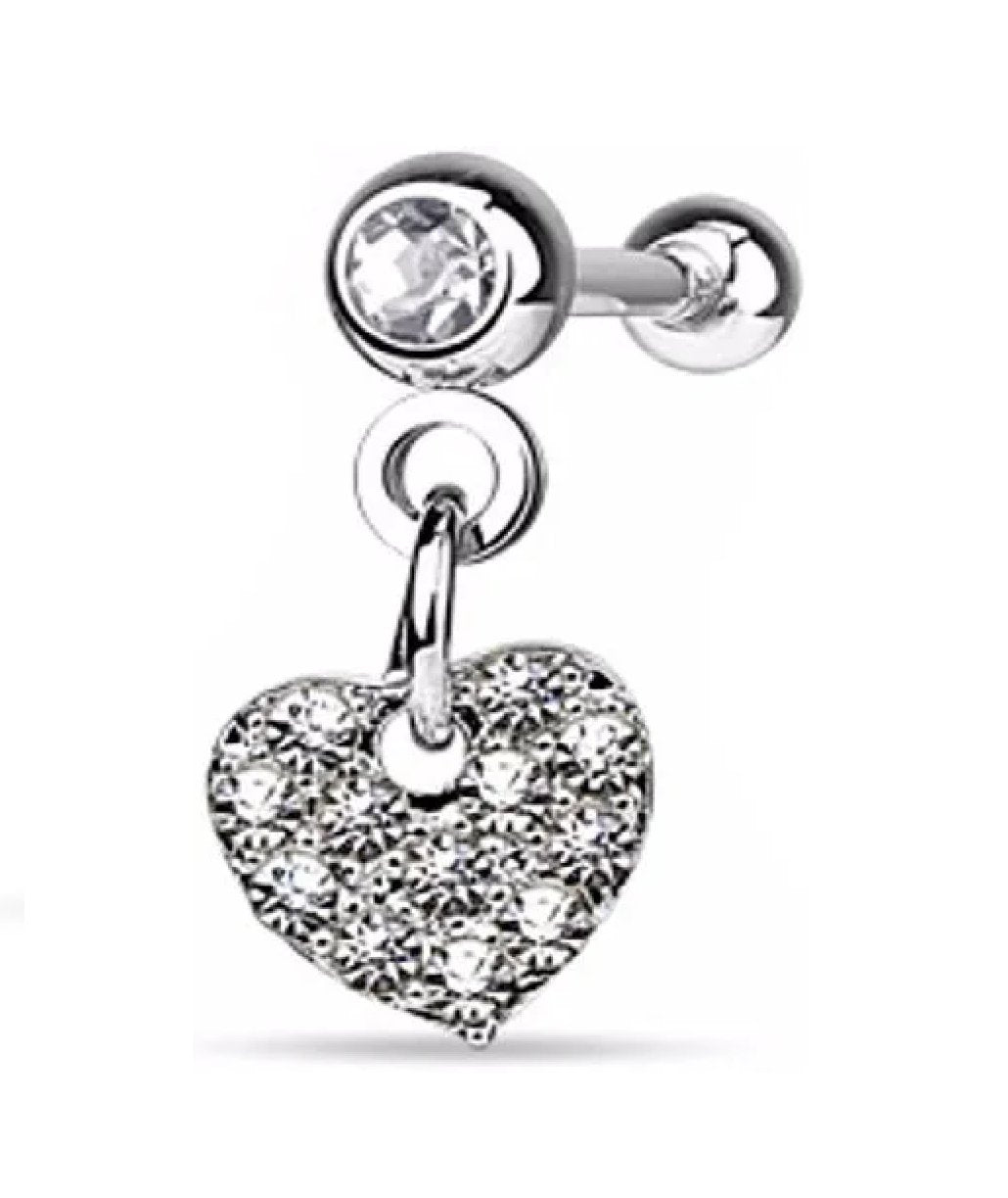 Surgical Steel CZ Paved Heart Dangle on Crystal Ball Cartilage Tragus Barbells Cartilage Earring Impulse Piercings Clear