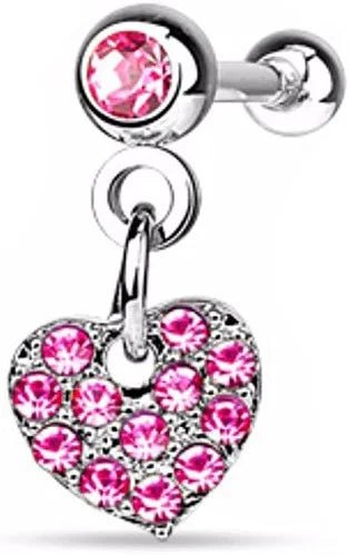 Surgical Steel CZ Paved Heart Dangle on Crystal Ball Cartilage Tragus Barbells Cartilage Earring Impulse Piercings Pink