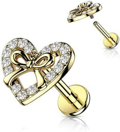 Surgical Steel CZ Paved Heart with Ribbon Center Top Flat Back Stud for Labret Monroe Cartilage Labret Impulse Piercings 16GA Length: 6mm Gold