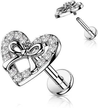 Surgical Steel CZ Paved Heart with Ribbon Center Top Flat Back Stud for Labret Monroe Cartilage Labret Impulse Piercings 16GA Length: 6mm Clear