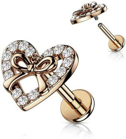 Surgical Steel CZ Paved Heart with Ribbon Center Top Flat Back Stud for Labret Monroe Cartilage Labret Impulse Piercings 16GA Length: 6mm Rose Gold