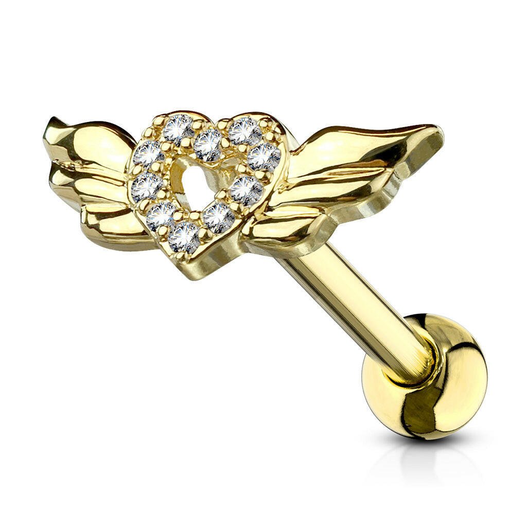 Surgical Steel CZ Paved Heart with Wings Ear Cartilage Tragus Barbell Studs Cartilage Earring Impulse Piercings Gold