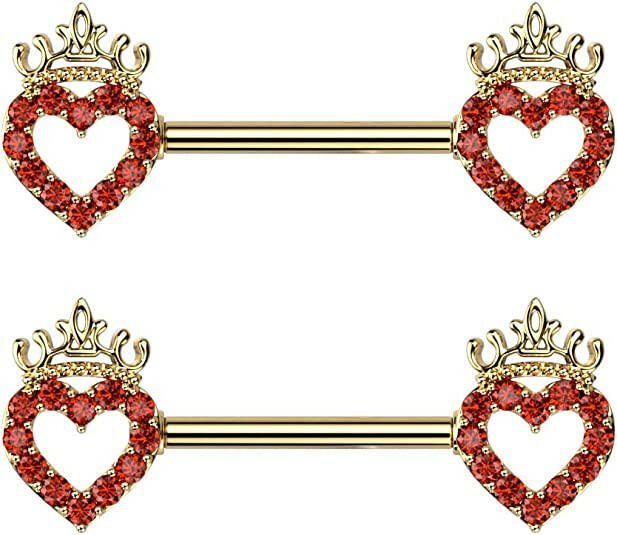 Surgical Steel CZ Paved Hollow Heart and Crown Nipple Barbell Rings Nipple Ring Impulse Piercings Gold