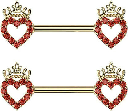 Surgical Steel CZ Paved Hollow Heart and Crown Nipple Barbell Rings Nipple Ring Impulse Piercings Gold