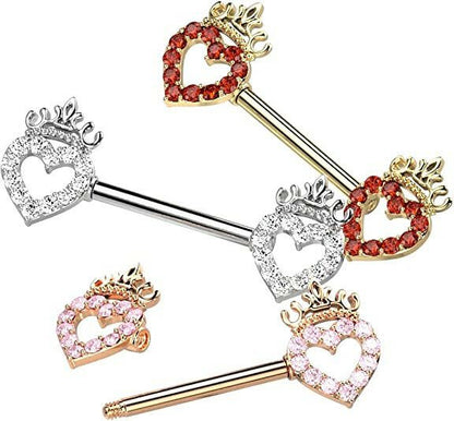 Surgical Steel CZ Paved Hollow Heart and Crown Nipple Barbell Rings Nipple Ring Impulse Piercings