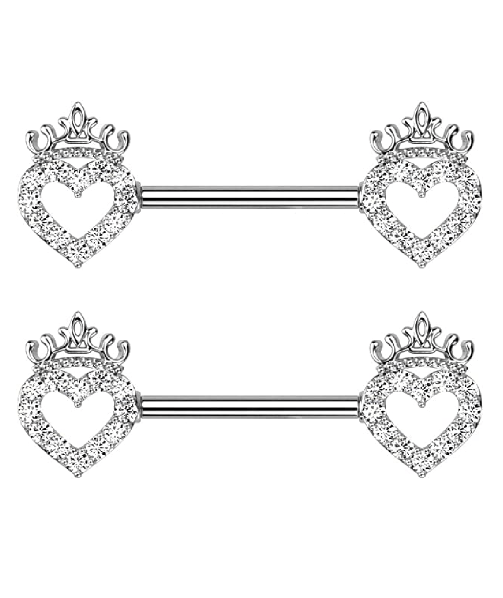 Surgical Steel CZ Paved Hollow Heart and Crown Nipple Barbell Rings Nipple Ring Impulse Piercings Clear