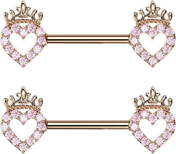 Surgical Steel CZ Paved Hollow Heart and Crown Nipple Barbell Rings Nipple Ring Impulse Piercings Rose Gold