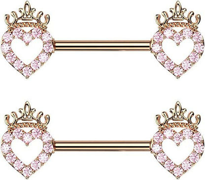 Surgical Steel CZ Paved Hollow Heart and Crown Nipple Barbell Rings Nipple Ring Impulse Piercings Rose Gold