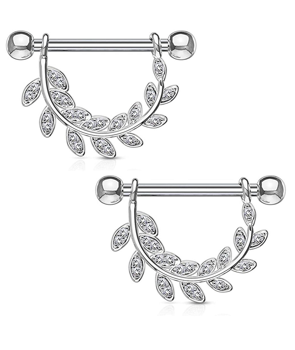 Surgical Steel CZ Paved Leaf Hanging Nipple Shield Rings Nipple Ring Impulse Piercings Clear