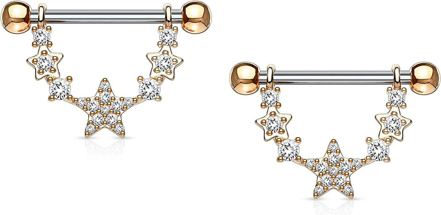 Surgical Steel CZ Paved Linked Stars Nipple Shield Rings Nipple Ring Impulse Piercings Rose Gold