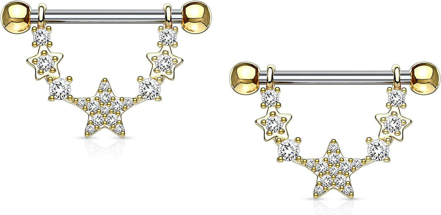 Surgical Steel CZ Paved Linked Stars Nipple Shield Rings Nipple Ring Impulse Piercings Gold