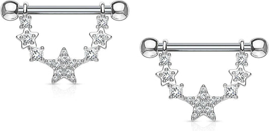 Surgical Steel CZ Paved Linked Stars Nipple Shield Rings Nipple Ring Impulse Piercings Clear