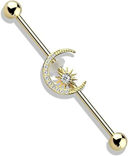 Surgical Steel CZ Paved Moon with CZ Center Star Industrial Barbell Industrial Barbell Impulse Piercings Gold