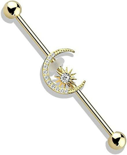 Surgical Steel CZ Paved Moon with CZ Center Star Industrial Barbell Industrial Barbell Impulse Piercings Gold