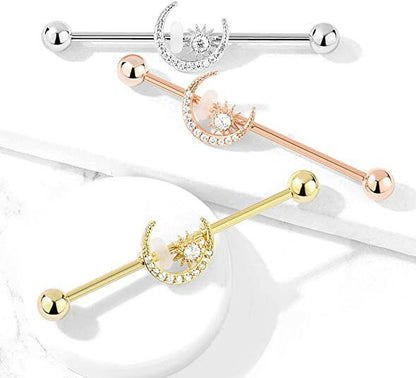 Surgical Steel CZ Paved Moon with CZ Center Star Industrial Barbell Industrial Barbell Impulse Piercings