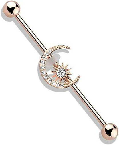 Surgical Steel CZ Paved Moon with CZ Center Star Industrial Barbell Industrial Barbell Impulse Piercings Rose Gold