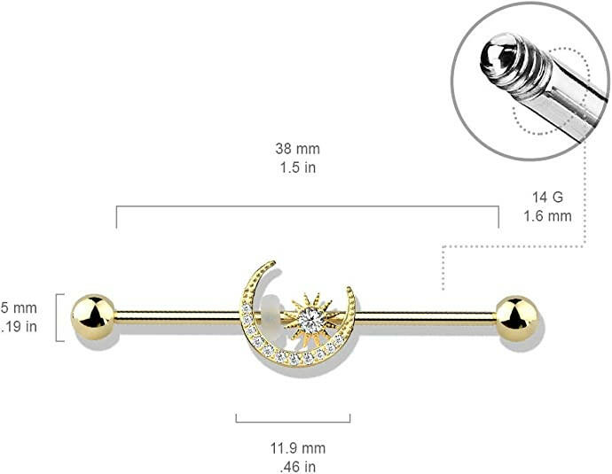 Surgical Steel CZ Paved Moon with CZ Center Star Industrial Barbell Industrial Barbell Impulse Piercings