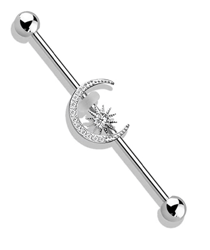 Surgical Steel CZ Paved Moon with CZ Center Star Industrial Barbell Industrial Barbell Impulse Piercings Clear