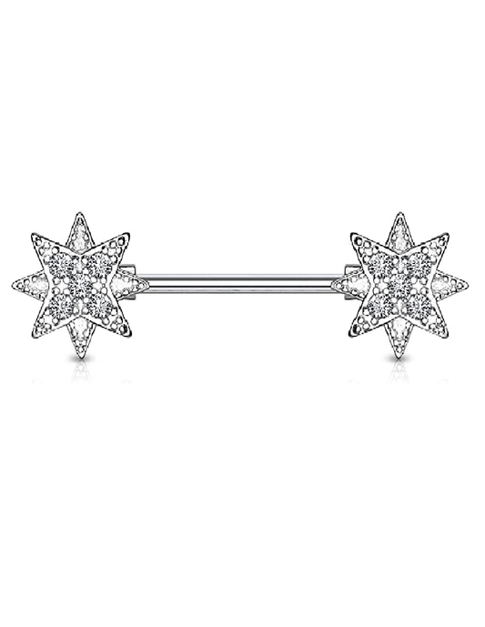 Surgical Steel CZ Paved Starburst Ends Nipple Barbell Rings Nipple Ring Impulse Piercings Clear