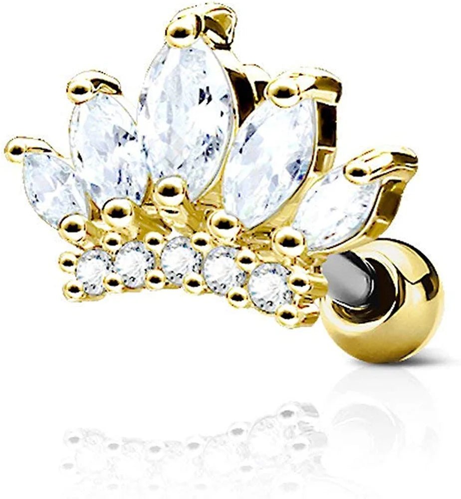 Surgical Steel CZ Paved Tiara Top Ear Cartilage Tragus Barbell Studs Cartilage Earring Impulse Piercings Gold