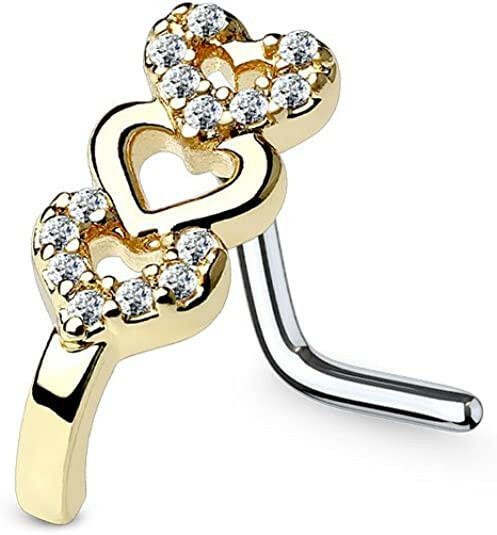 Surgical Steel CZ Paved Triple Heart Nose Crawlers L Bend Stud Rings Nose Ring Impulse Piercings Gold