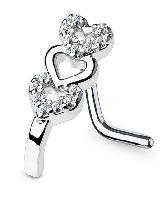 Surgical Steel CZ Paved Triple Heart Nose Crawlers L Bend Stud Rings Nose Ring Impulse Piercings Clear