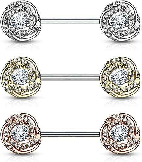 Surgical Steel CZ Paved with Round CZ Center Rose Blossom Ends Nipple Barbell Rings Nipple Ring Impulse Piercings