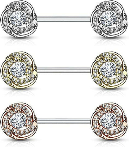 Surgical Steel CZ Paved with Round CZ Center Rose Blossom Ends Nipple Barbell Rings Nipple Ring Impulse Piercings