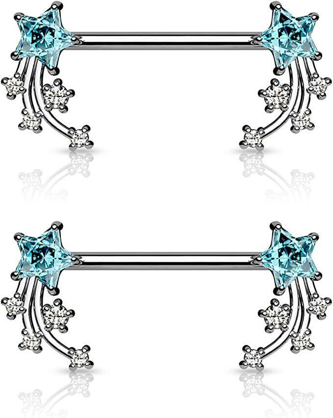 Surgical Steel CZ Shooting Star Ends Nipple Barbell Rings Nipple Ring Impulse Piercings Aqua