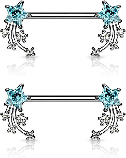 Surgical Steel CZ Shooting Star Ends Nipple Barbell Rings Nipple Ring Impulse Piercings Aqua