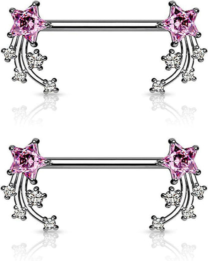 Surgical Steel CZ Shooting Star Ends Nipple Barbell Rings Nipple Ring Impulse Piercings Pink