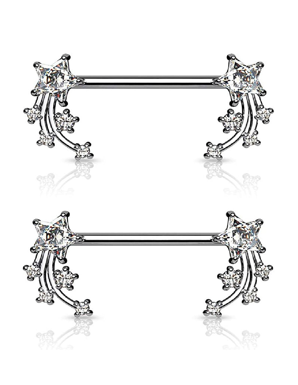 Surgical Steel CZ Shooting Star Ends Nipple Barbell Rings Nipple Ring Impulse Piercings Clear