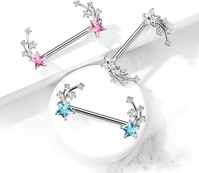 Surgical Steel CZ Shooting Star Ends Nipple Barbell Rings Nipple Ring Impulse Piercings