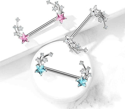 Surgical Steel CZ Shooting Star Ends Nipple Barbell Rings Nipple Ring Impulse Piercings