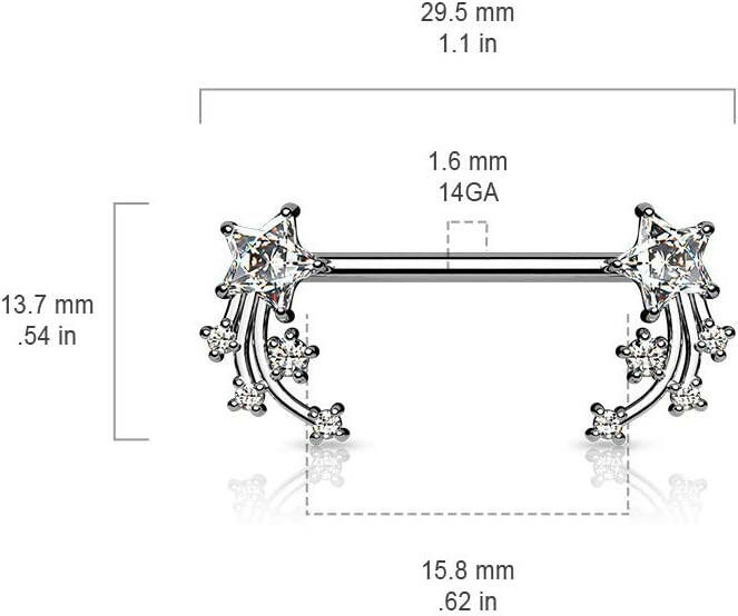 Surgical Steel CZ Shooting Star Ends Nipple Barbell Rings Nipple Ring Impulse Piercings