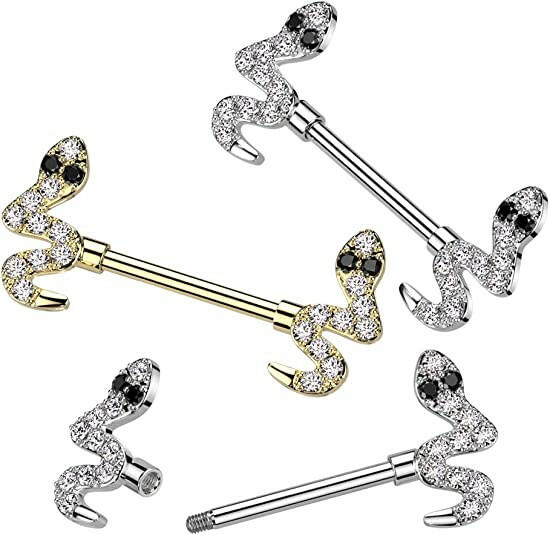 Surgical Steel CZ Snake End Nipple Barbell Rings Nipple Ring Impulse Piercings