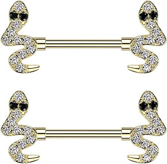 Surgical Steel CZ Snake End Nipple Barbell Rings Nipple Ring Impulse Piercings Gold