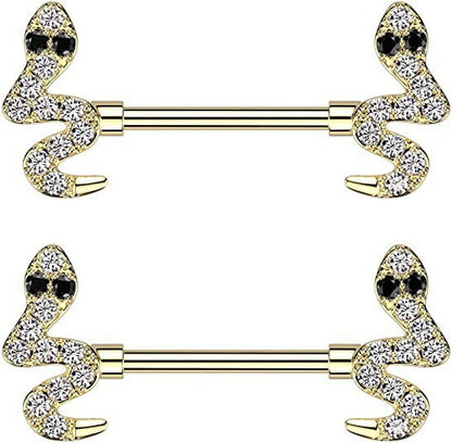 Surgical Steel CZ Snake End Nipple Barbell Rings Nipple Ring Impulse Piercings Gold