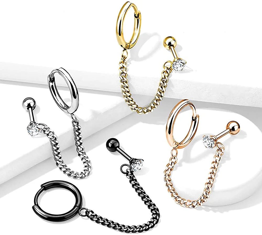 Surgical Steel CZ Top Round Clicker Hoop Earring and Chain Linked Cartilage Barbell Cartilage Impulse Piercings Gold