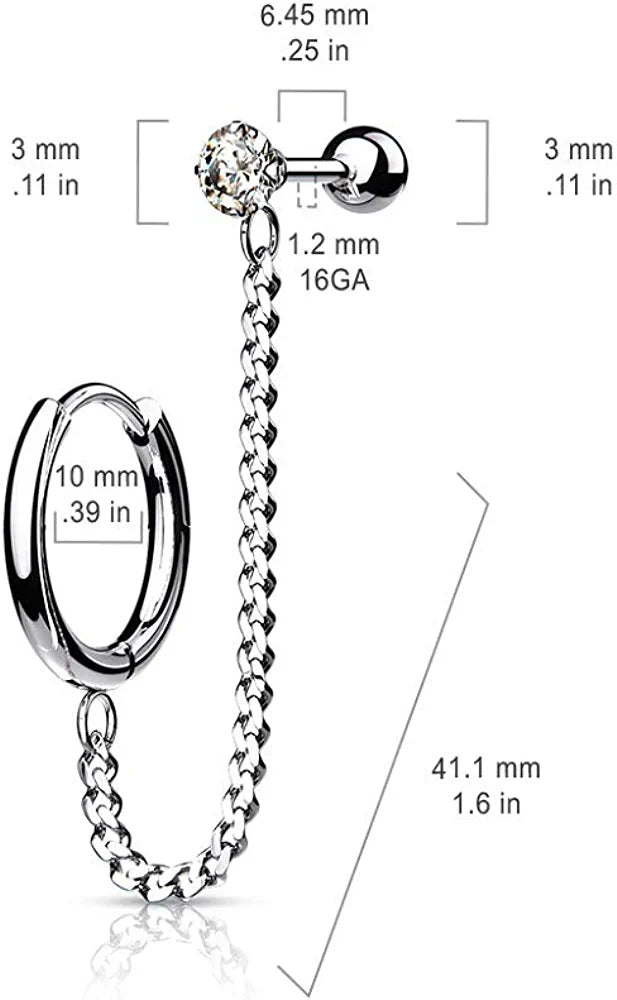 Surgical Steel CZ Top Round Clicker Hoop Earring and Chain Linked Cartilage Barbell Cartilage Impulse Piercings Steel