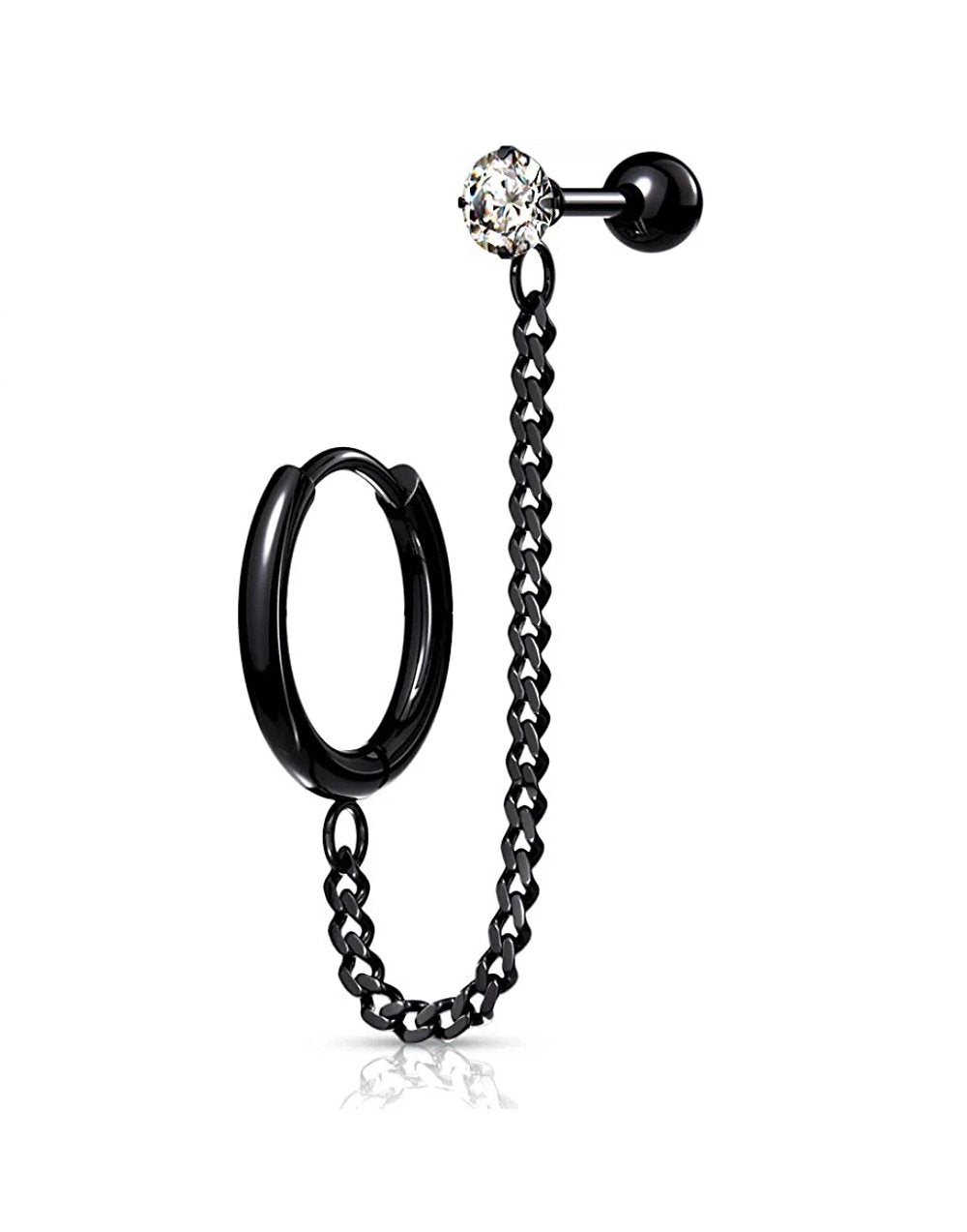 Surgical Steel CZ Top Round Clicker Hoop Earring and Chain Linked Cartilage Barbell Cartilage Impulse Piercings Black