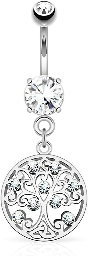 Surgical Steel CZ Tree of Life Dangle on Round CZ Belly Navel Ring Navel Ring Impulse Piercings Clear