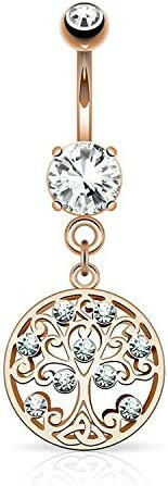 Surgical Steel CZ Tree of Life Dangle on Round CZ Belly Navel Ring Navel Ring Impulse Piercings Rose Gold