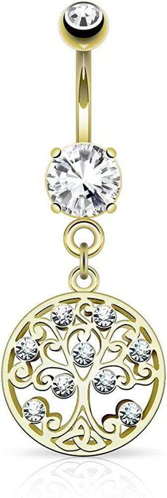 Surgical Steel CZ Tree of Life Dangle on Round CZ Belly Navel Ring Navel Ring Impulse Piercings Gold