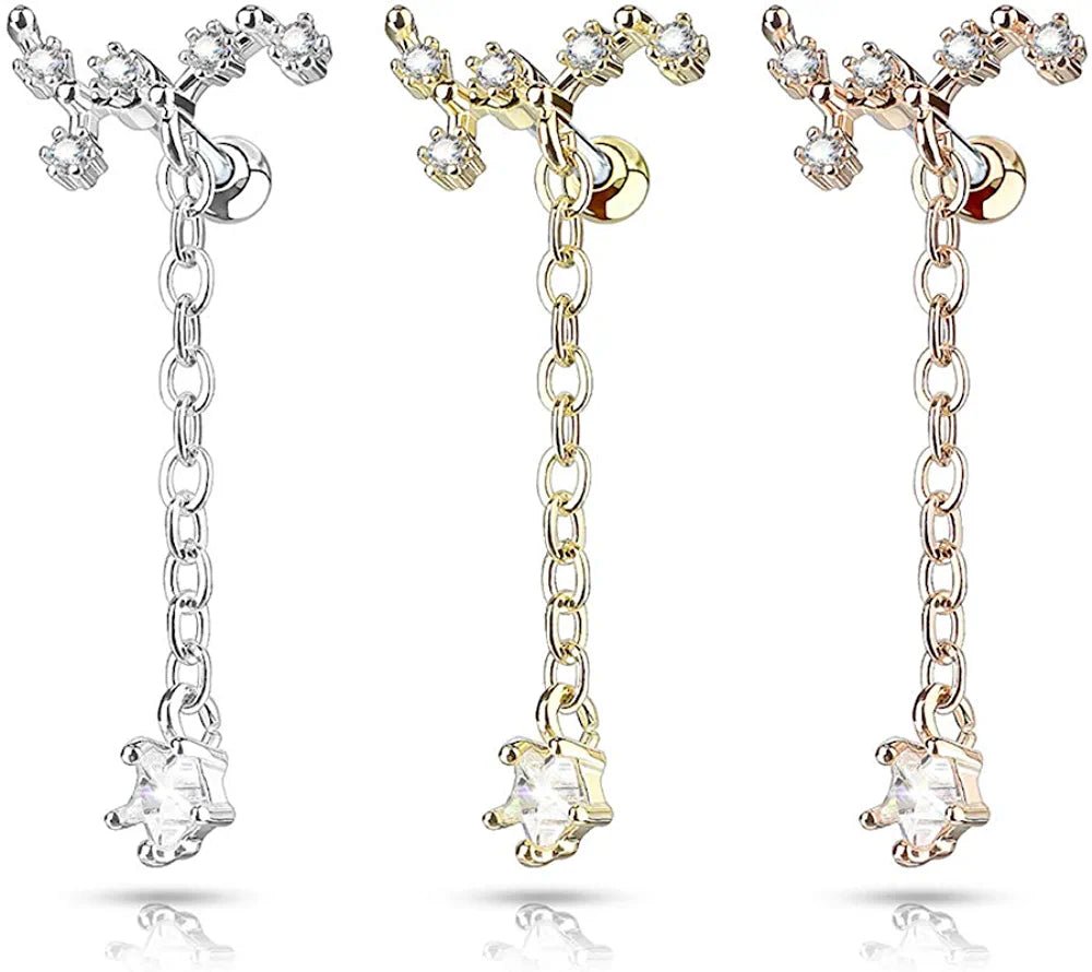 Surgical Steel CZ Vine with Long Chain Dangled CZ Star Ear Cartilage Tragus Barbell Studs Cartilage Earring Impulse Piercings