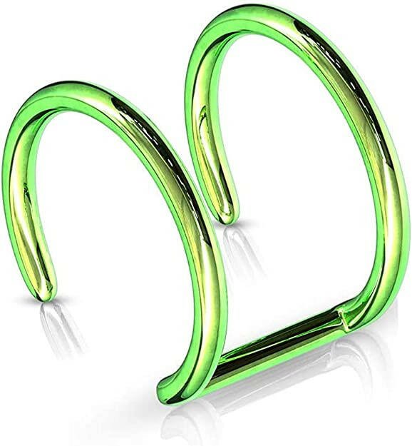 Surgical Steel Double Closure Ring Titanium IP Over Fake Non-Piercing Cartilage Clip-On Cuff Earring Impulse Piercings Green