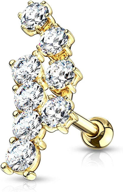 Surgical Steel Double Curve Lined CZ Top Ear Cartilage Barbell Studs Cartilage Earring Impulse Piercings Gold