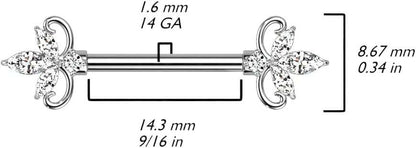 Surgical Steel Double Heart 3 Marquise CZ Nipple Barbell Rings Nipple Ring Impulse Piercings