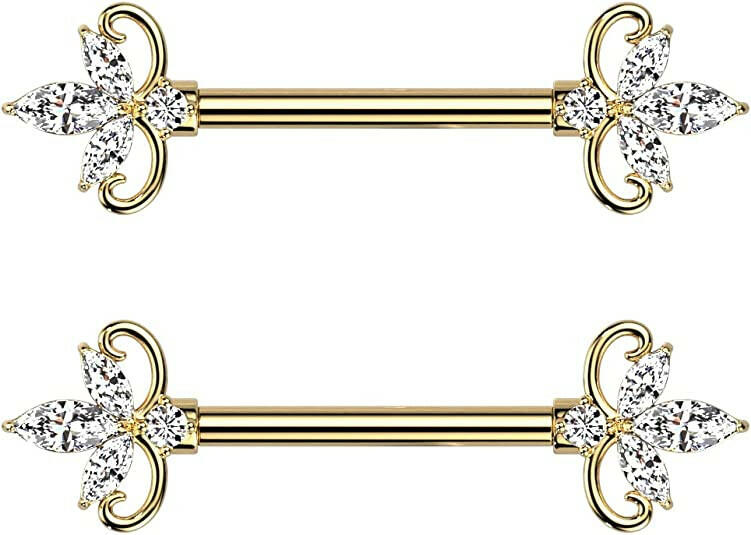 Surgical Steel Double Heart 3 Marquise CZ Nipple Barbell Rings Nipple Ring Impulse Piercings Gold